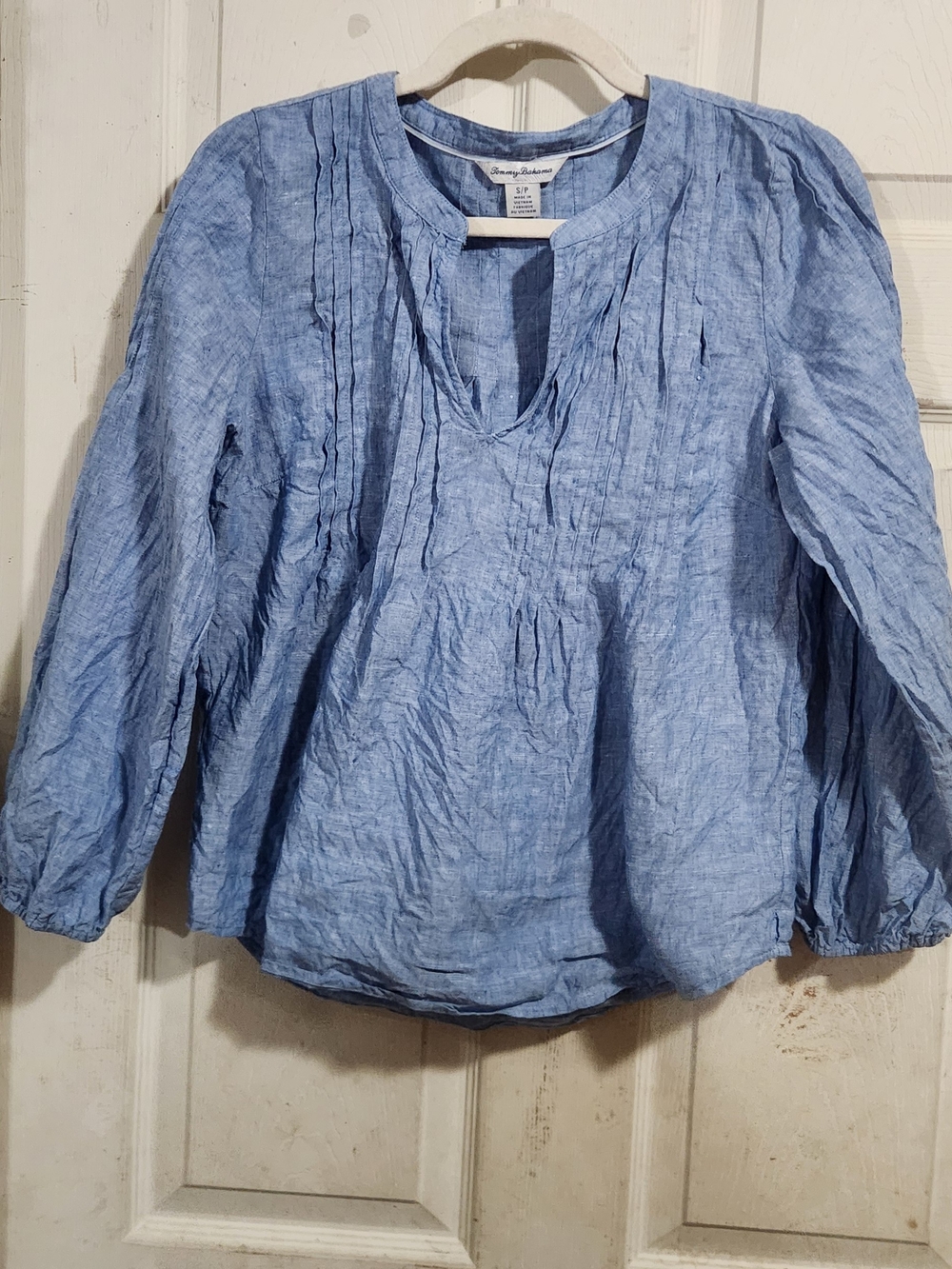 Tommy Bahama Blue Pintuck Linen-Blend Tunic Blouse